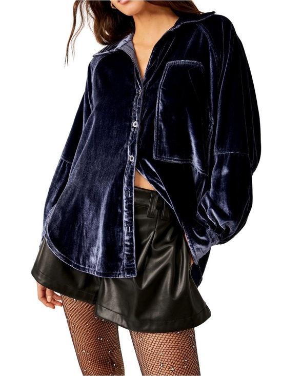 We The Free Tops - Free People Blue Velvet Button-Up Shirt Soft Relaxed Fit Size S